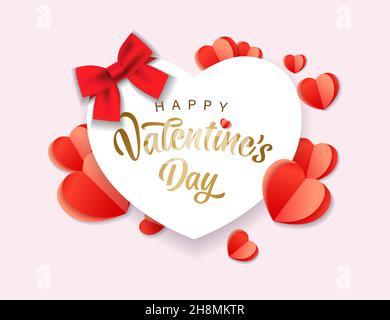 Happy Valentines Day, red paper heart and golden lettering. Valentine day background with hearts pattern and typography of happy valentine`s day text Stock Vector